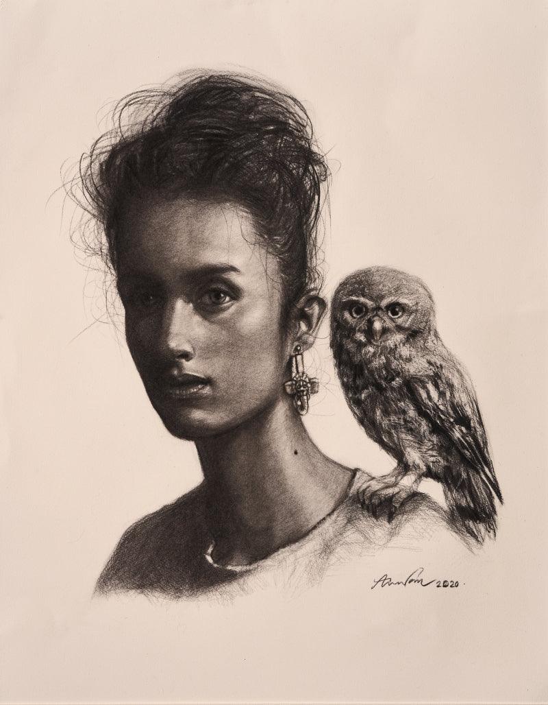 Figurative charcoal drawing titled 'Laxmi', 30x22 inches, by artist Arindam Gupta on Waterford Paper