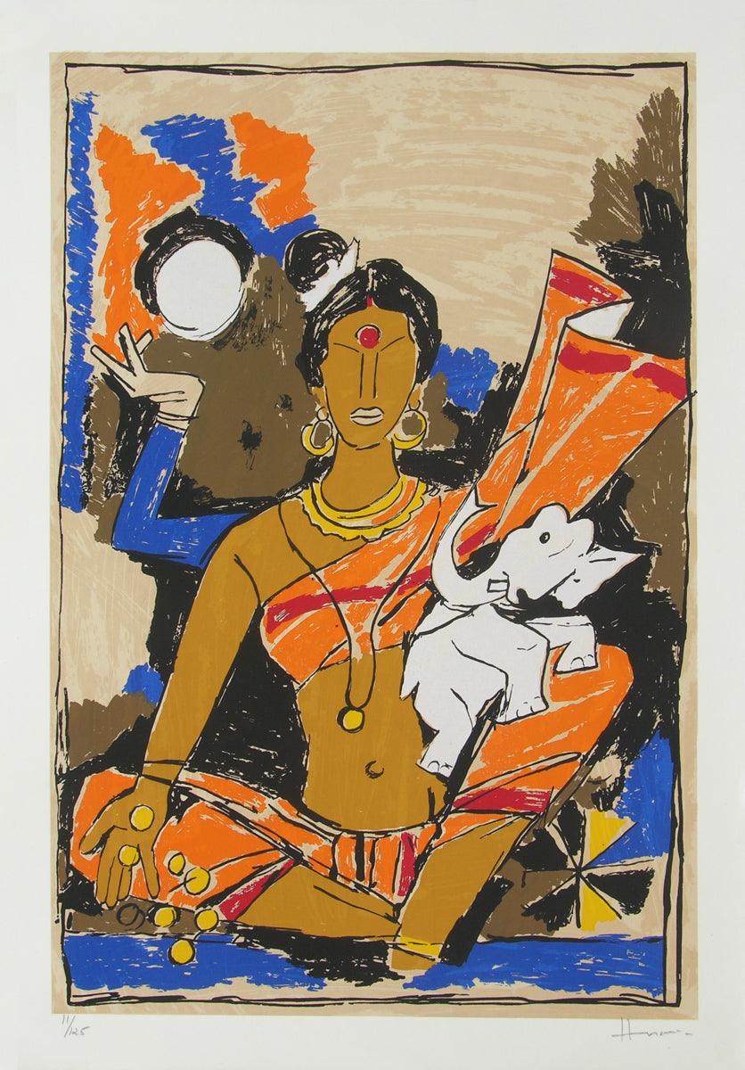 Religious serigraphs painting titled 'Laxmi', 30x21 inches, by artist M. F. Husain on Paper