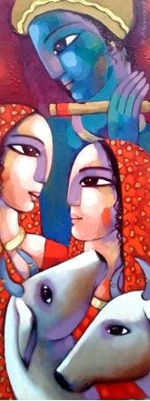 Figurative acrylic painting titled 'Leela', 13x33 inches, by artist Sekhar Roy on Canvas