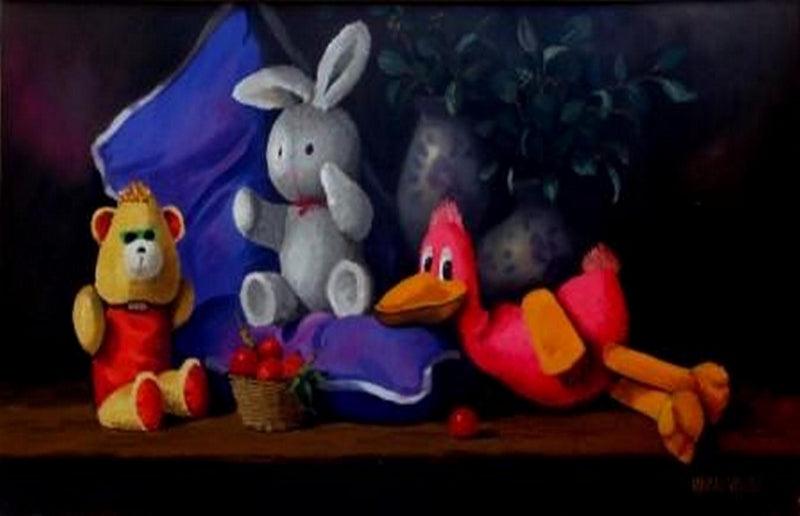Still-life oil painting titled 'Lets Play', 16x30 inches, by artist Parimal Vaghela on Canvas