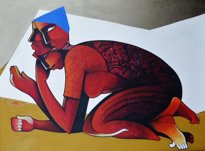 Figurative acrylic painting titled 'Life 5', 36x48 inches, by artist Nawal Kishore on Canvas