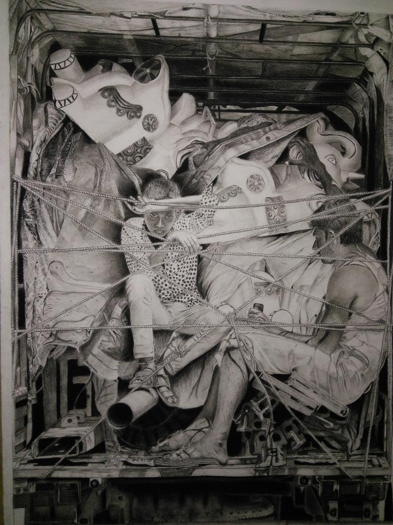 Expressionist charcoal painting titled 'Life', 28x20 inches, by artist Preeti Ghule on paper