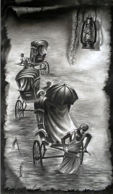 Cityscape charcoal painting titled 'Light', 40x24 inches, by artist Ananda Das on Paper