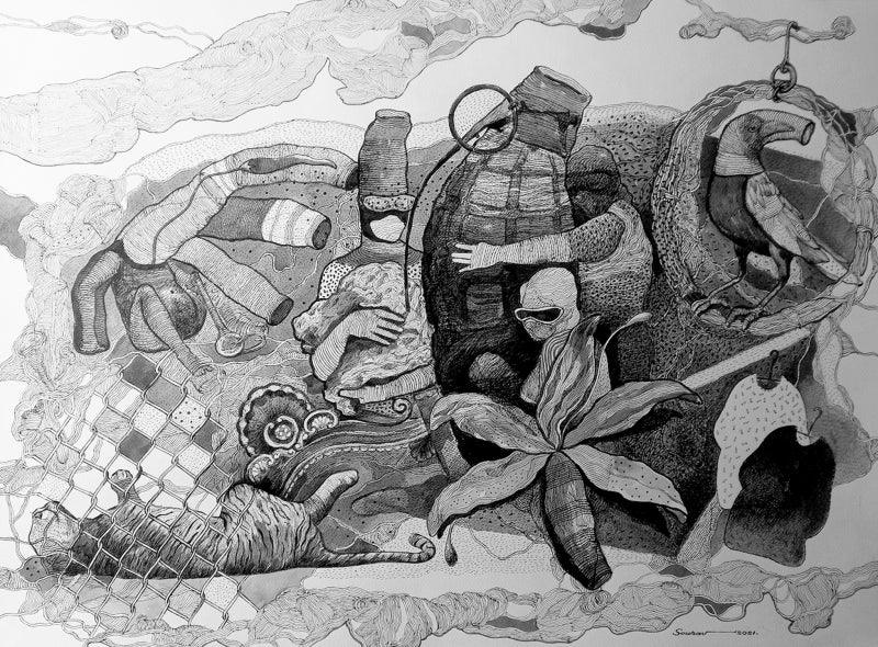 Figurative pen ink drawing titled 'Lockdown', 22x30 inches, by artist Sourav Nandy on Paper