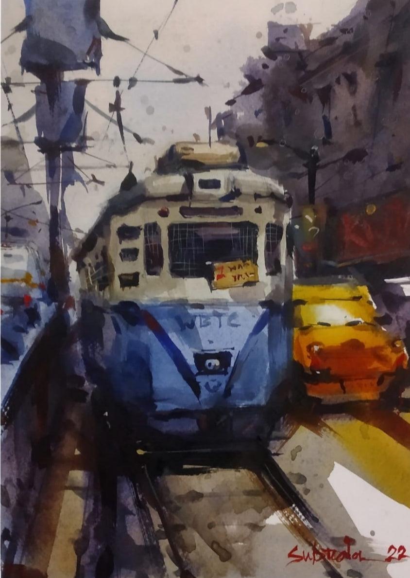 Cityscape watercolor painting titled 'Locomotive 17', 11x9 inches, by artist Subrata Malakar on Paper