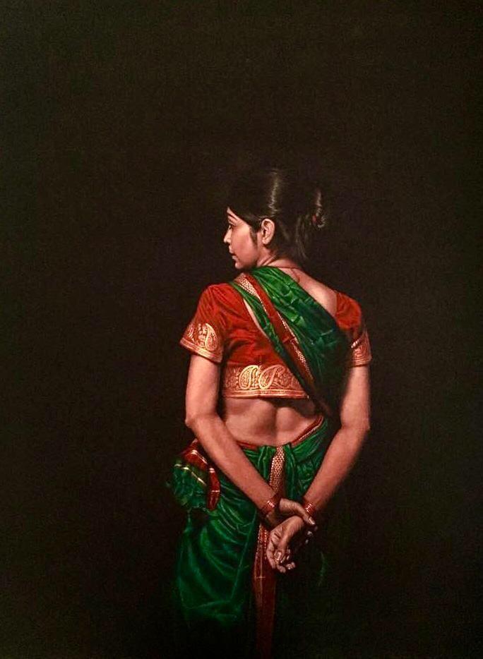 Realistic color pencil drawing titled 'Looking Back', 40x30 inches, by artist Shashikant Dhotre on Paper