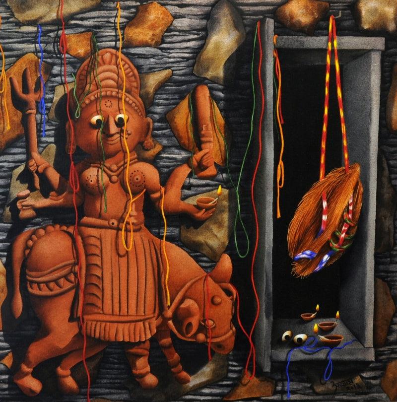 Religious oil painting titled 'Lord Durga', 35x35 inches, by artist Abass Batliwala on Canvas