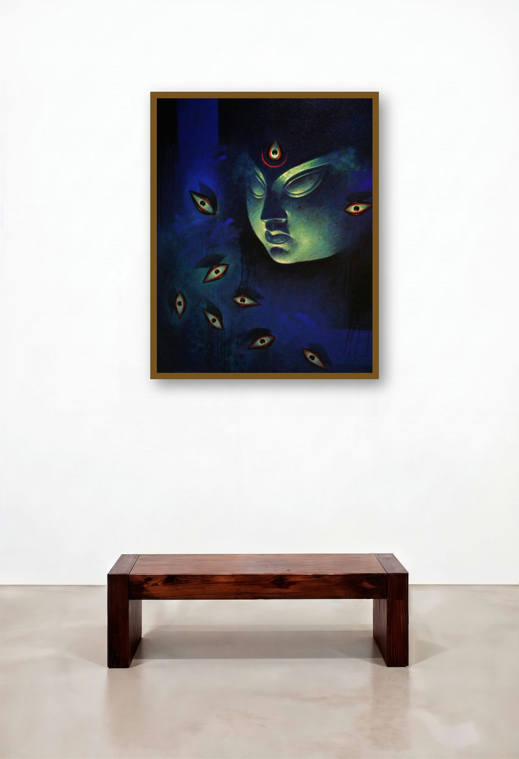 Lord Durga (The All-Seeing Eye) by artist Bappa Haldar displayed in a Japandi Penthouse