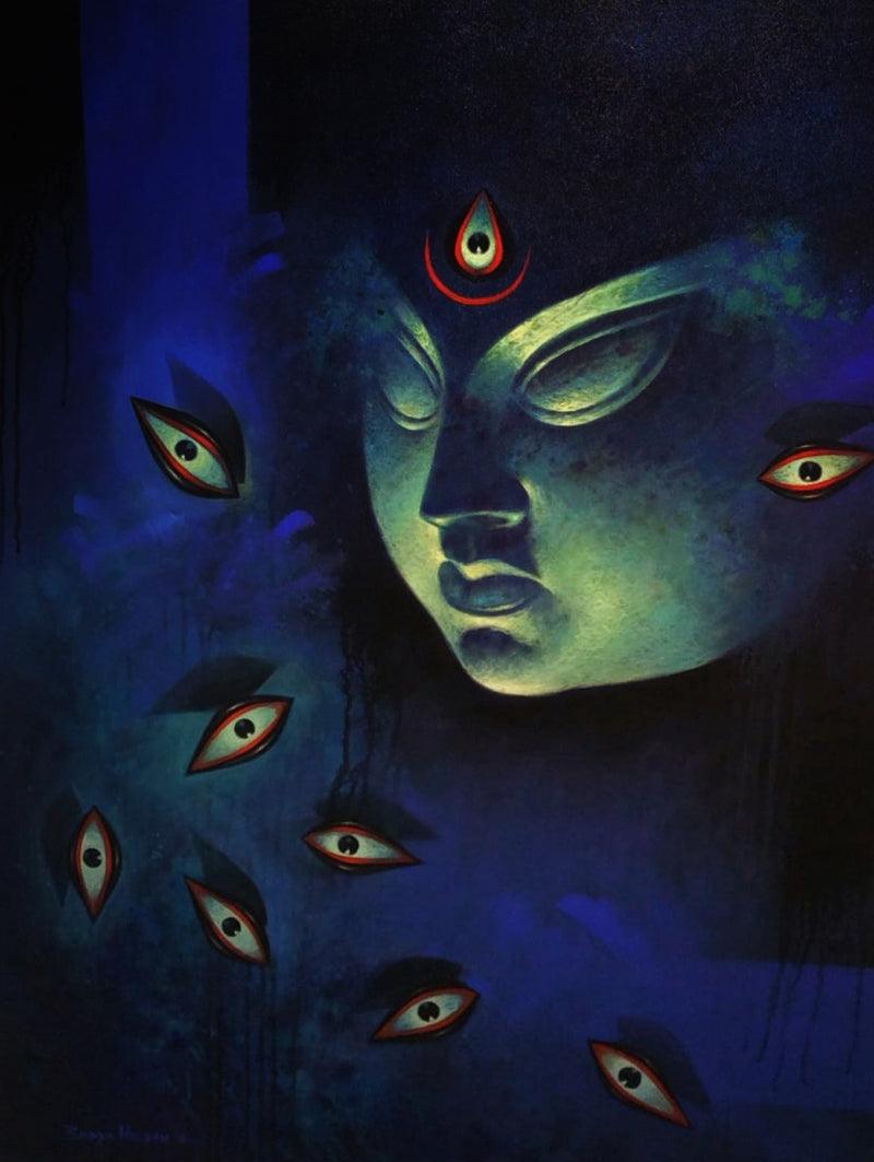 Religious acrylic painting titled 'Lord Durga', 40x30 inches, by artist Bappa Haldar on Canvas