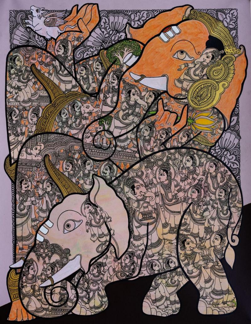 Religious acrylic painting titled 'Lord Ganesh', 48x36 inches, by artist Ramesh Gorjala on Canvas