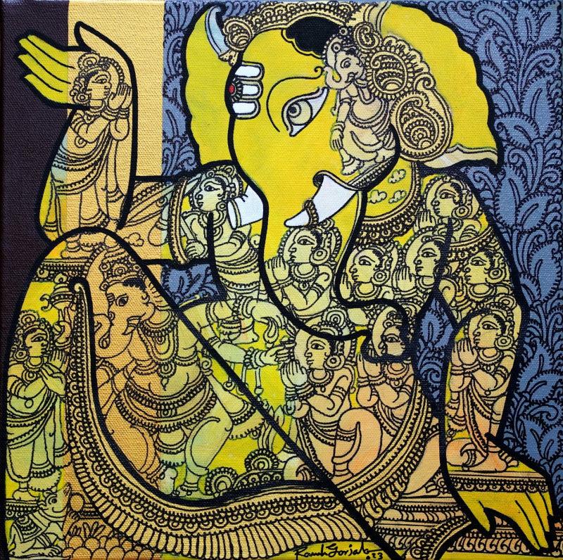 Religious acrylic painting titled 'Lord Ganesh', 12x12 inches, by artist Ramesh Gorjala on Canvas