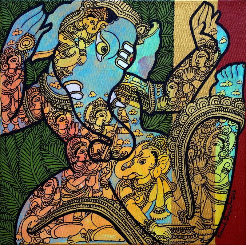 Religious acrylic painting titled 'Lord Ganesh', 12x12 inches, by artist Ramesh Gorjala on Canvas