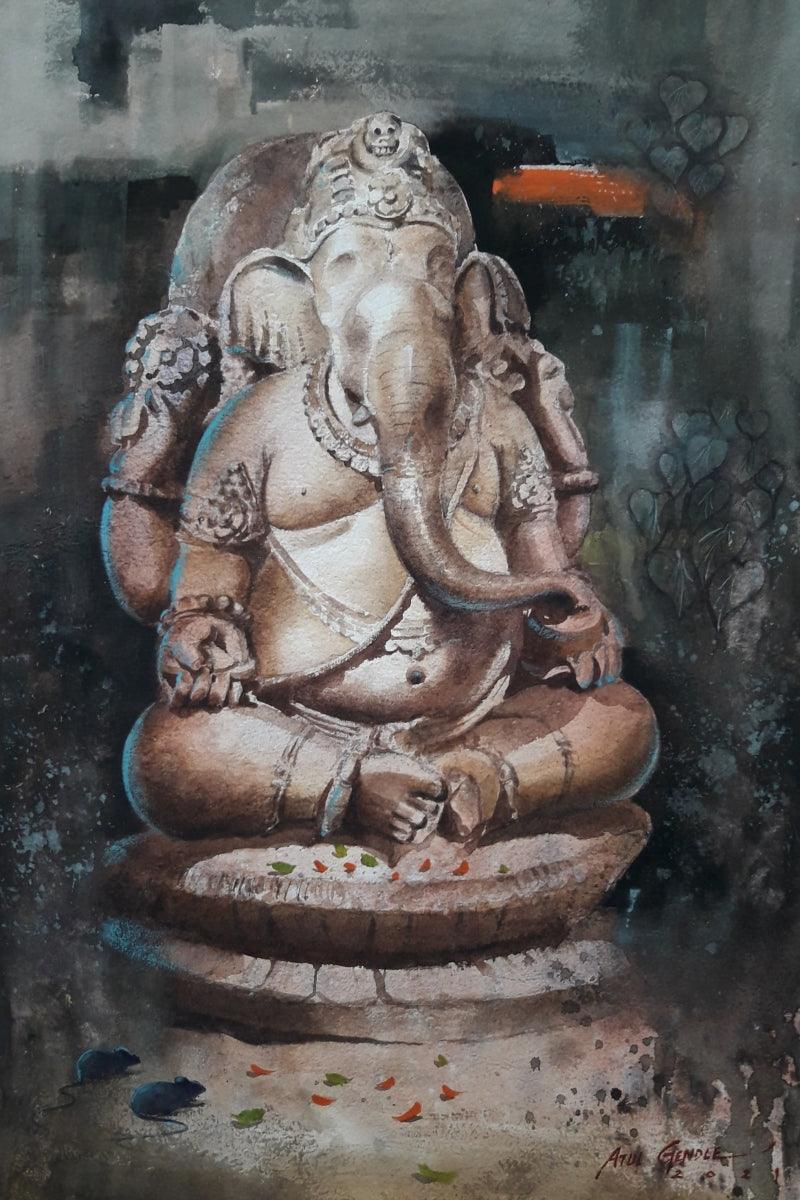 Religious watercolor painting titled 'Lord Ganesha 2', 22x15 inches, by artist Atul Gendle on Paper