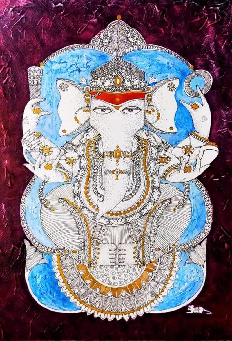 Religious acrylic ink painting titled 'Lord Ganesha', 17x12 inches, by artist Samik De on Paper