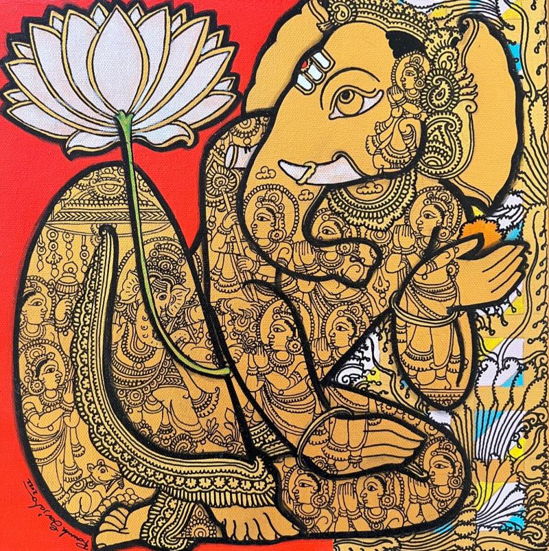 Religious acrylic painting titled 'Lord Ganesha', 12x12 inches, by artist Ramesh Gorjala on Canvas