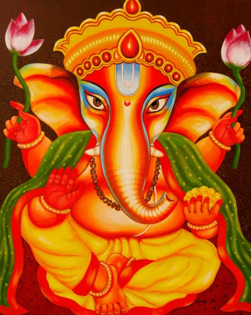 Religious acrylic painting titled 'Lord Ganesha', 20x16 inches, by artist Nur Ali on Canvas