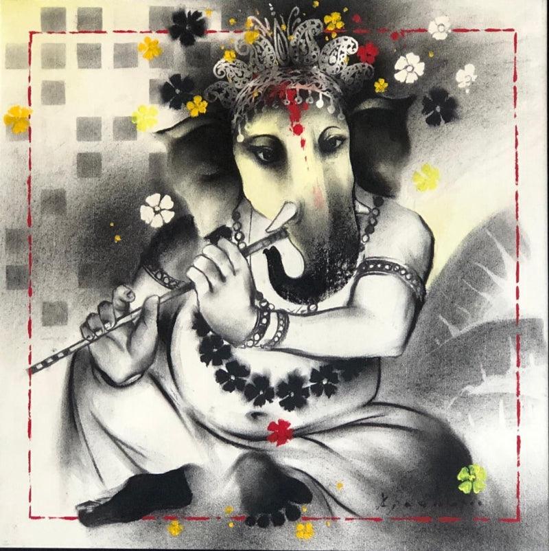 Religious acrylic charcoal painting titled 'Lord Ganesha', 15x15 inches, by artist Ajay De on Paper