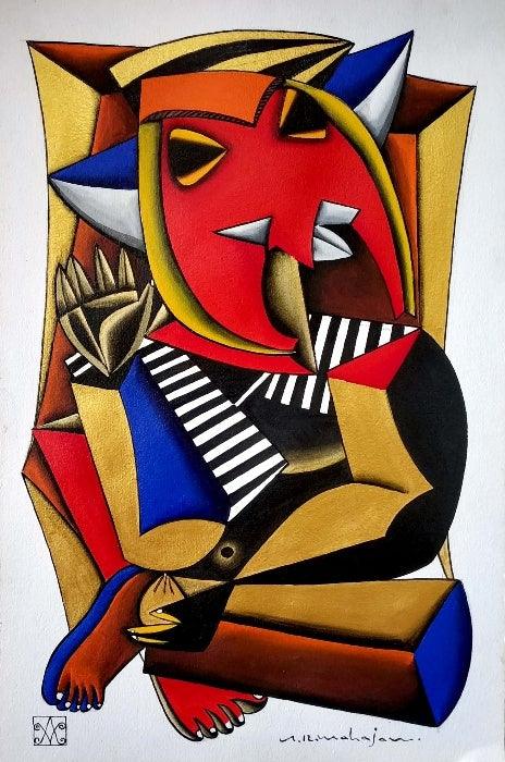 Religious acrylic painting titled 'Lord Ganesha', 22x15 inches, by artist Arvind R. Mahajan on Paper