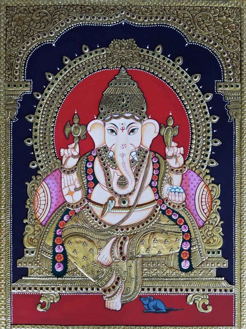 Religious tanjore traditional art titled 'Lord Ganesha', 24x18 inches, by artist Sanjay Tandekar on Cardboard