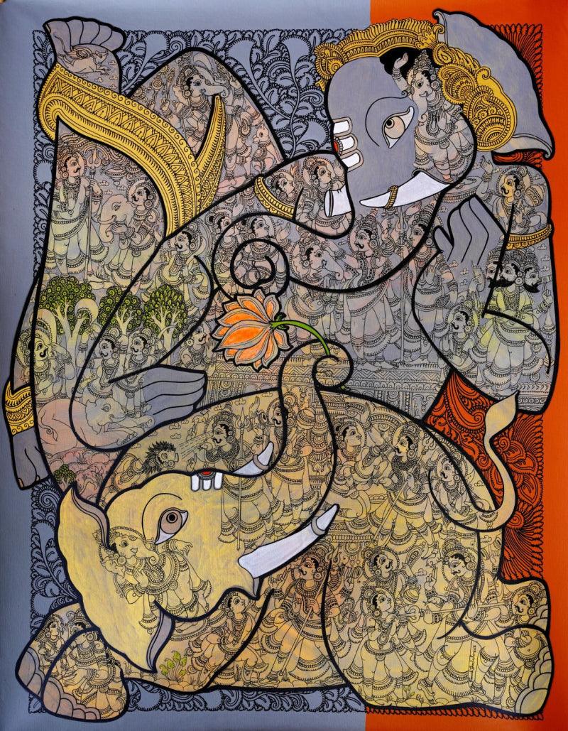 Religious acrylic painting titled 'Lord Ganesha', 48x36 inches, by artist Ramesh Gorjala on Canvas