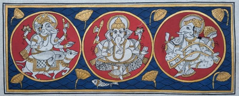 Religious phad traditional art titled 'Lord Ganesha', 8x18 inches, by artist Abhishek Joshi on Hanmade Canvas