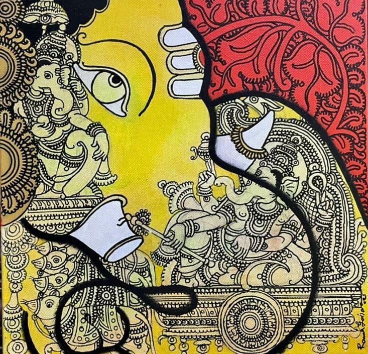 Religious acrylic painting titled 'Lord Ganesha', 12x12 inches, by artist Ramesh Gorjala on Canvas