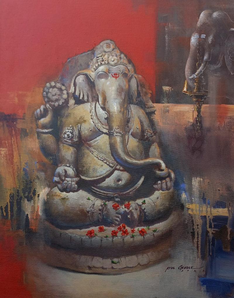 Religious acrylic painting titled 'Lord Ganesha', 30x24 inches, by artist Atul Gendle on Canvas