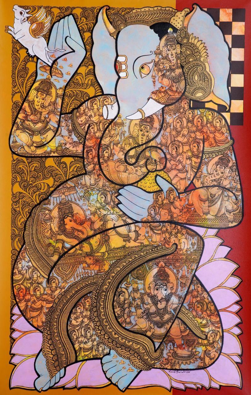 Religious acrylic painting titled 'Lord Ganesha', 60x36 inches, by artist Ramesh Gorjala on Canvas