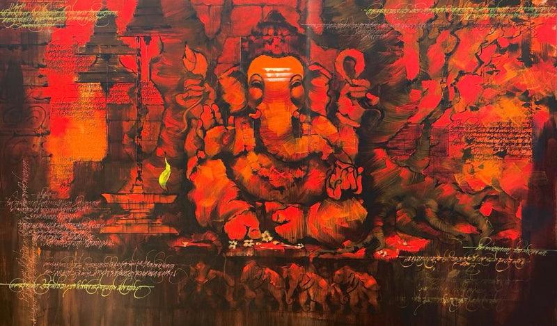 Religious acrylic painting titled 'Lord Ganesha', 36x60 inches, by artist Sandeep Chhatraband on Canvas