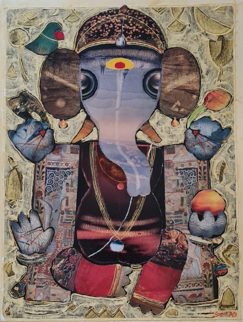 Religious mixed media painting titled 'Lord Ganesha', 24x18 inches, by artist G Subramanian on Canvas