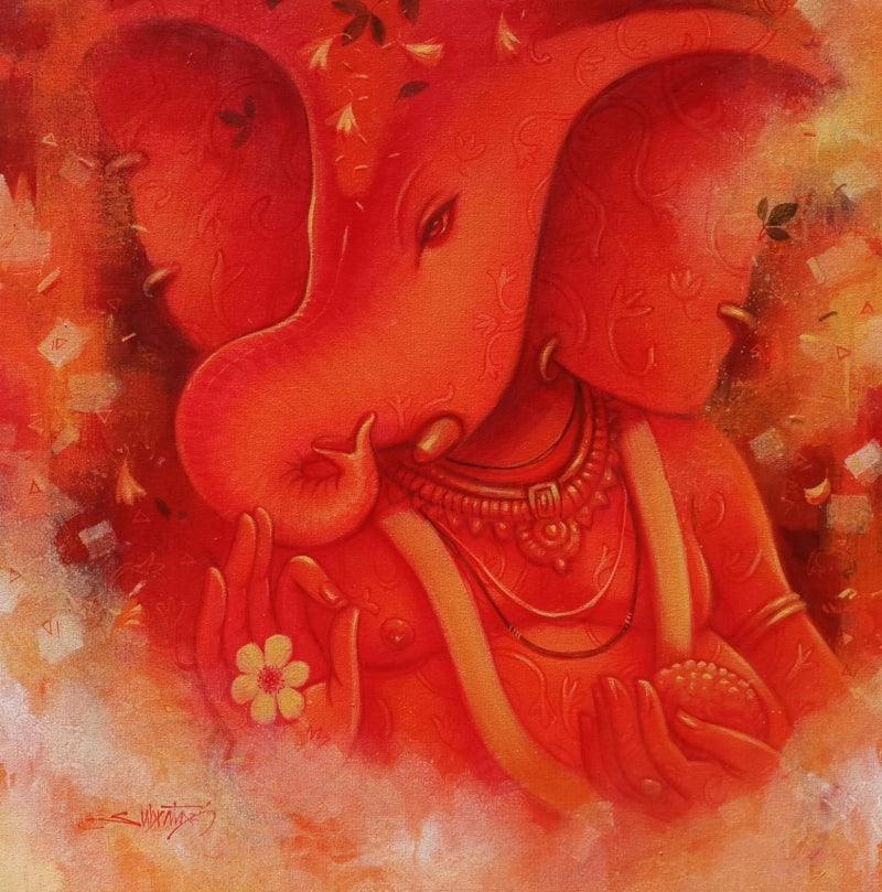 Religious acrylic painting titled 'Lord Ganesha', 30x30 inches, by artist Subrata Das on Canvas