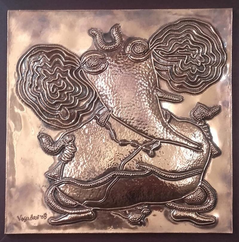 Religious mixed media titled 'Lord Ganesha', 12x12 inches, by artist S G Vasudev on Relief Copper