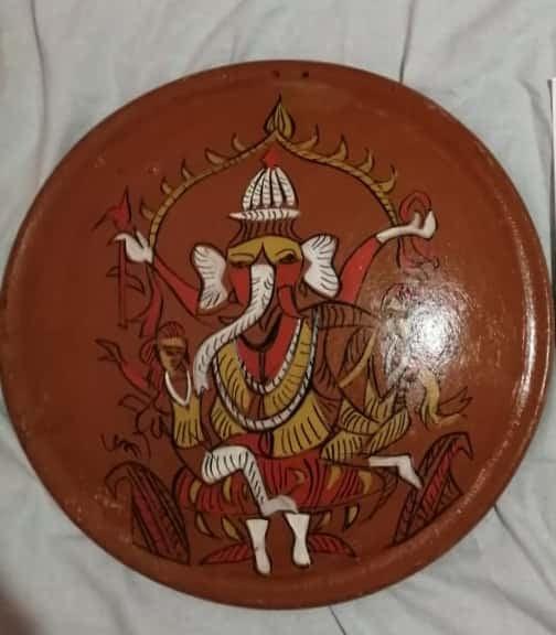 Religious acrylic painting titled 'Lord Ganesha', 13x13 inches, by artist K G Subramanyan on Terracotta