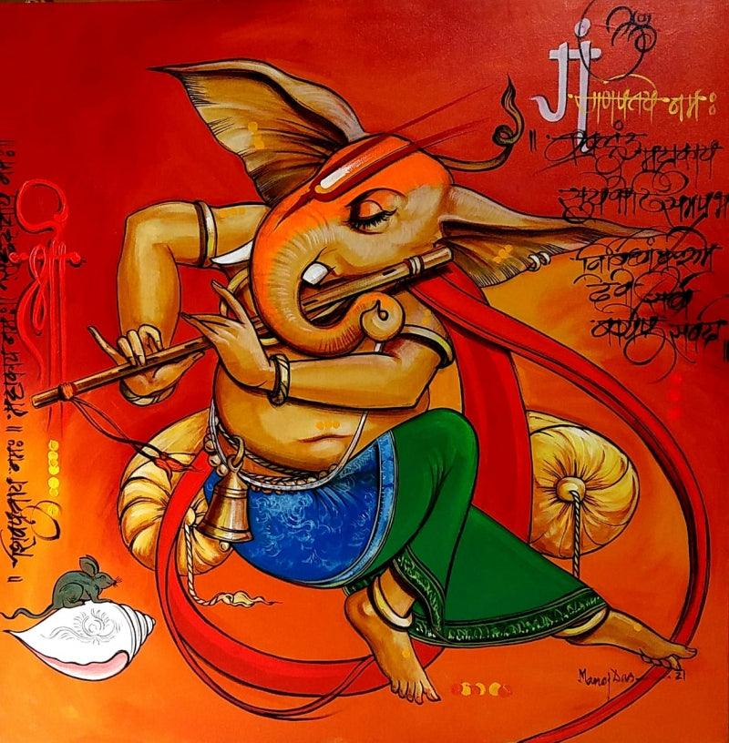 Religious acrylic painting titled 'Lord Ganesha', 42x42 inches, by artist Manoj Das on Canvas