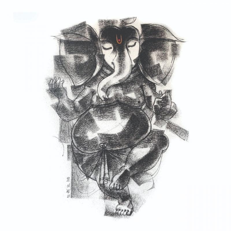Religious charcoal painting titled 'Lord Ganesha', 24x24 inches, by artist Sanjay Bhalerao on Canvas