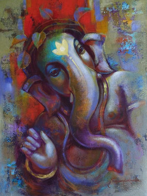 Religious acrylic painting titled 'Lord Ganesha', 24x18 inches, by artist Sanjay Lokhande on Canvas