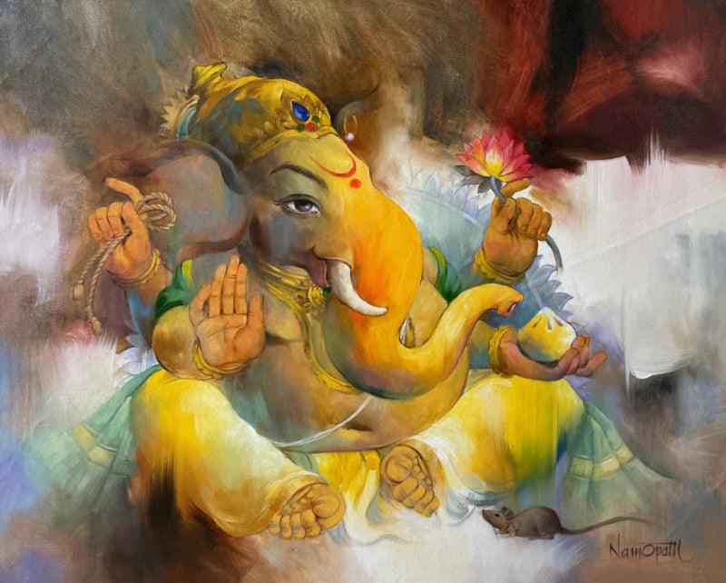 Religious oil painting titled 'Lord Ganesha', 34x42 inches, by artist Namdev M Patil on Canvas