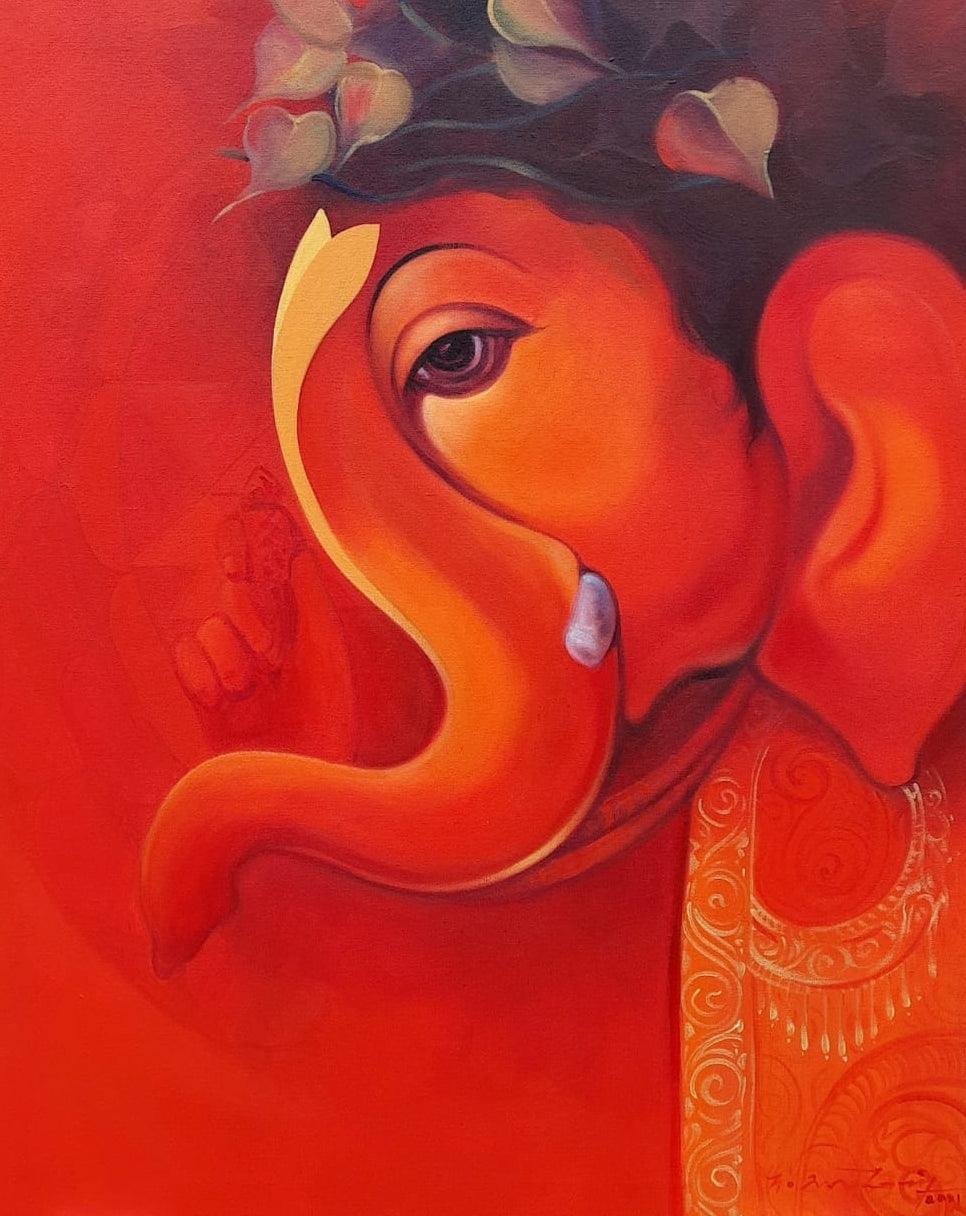 Religious acrylic painting titled 'Lord Ganesha', 30x24 inches, by artist Solomon R on Canvas
