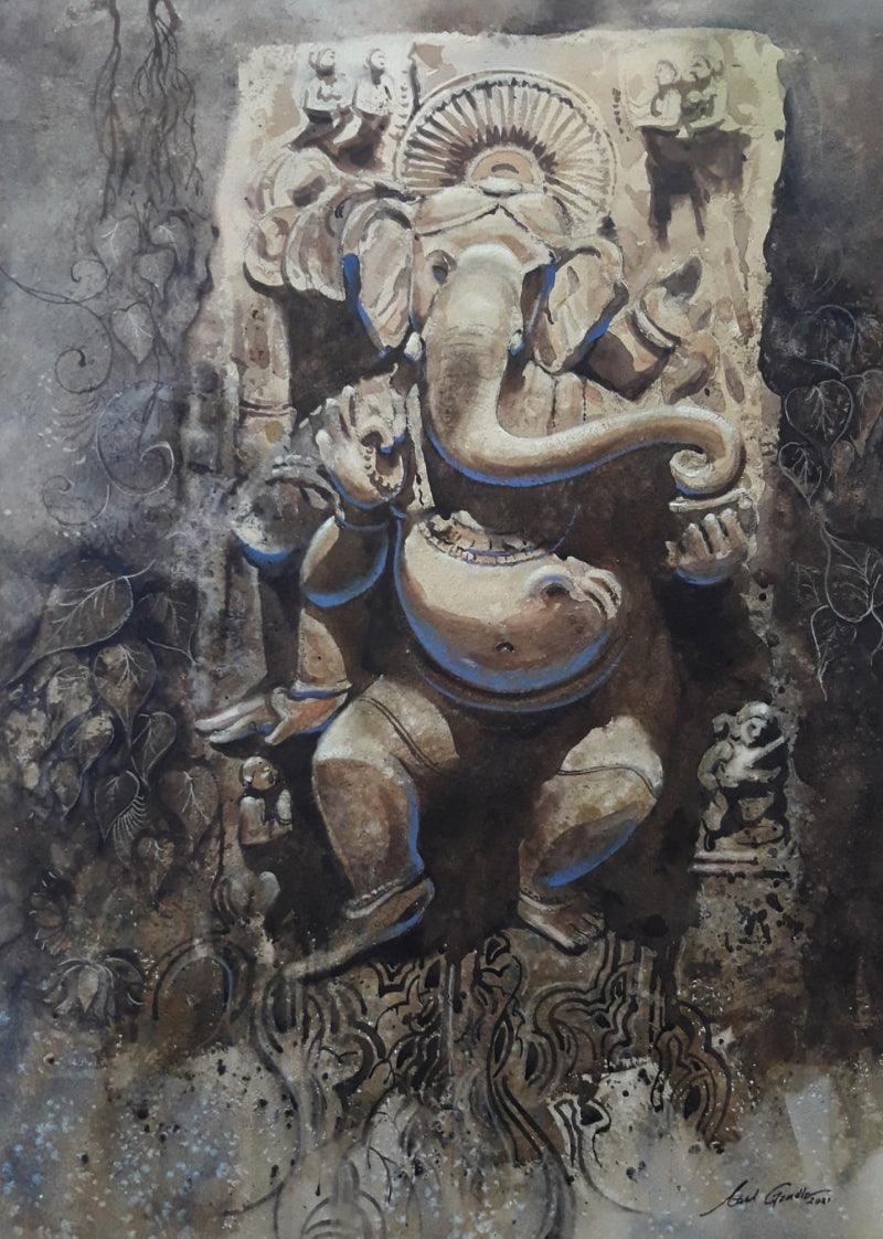 Religious watercolor painting titled 'Lord Ganesha', 30x22 inches, by artist Atul Gendle on Paper