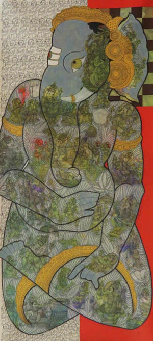 Religious mixed media painting titled 'Lord Ganesha', 79x35 inches, by artist Ramesh Gorjala on Canvas
