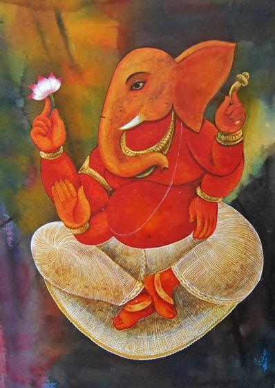 Religious tempera painting titled 'Lord Ganesha', 22x30 inches, by artist Suparna Dey on Paper