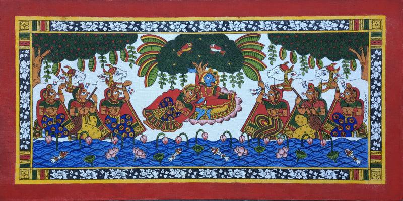 Religious phad traditional art titled 'Lord Ganesha', 12x24 inches, by artist Abhishek Joshi on Handmade Canvas