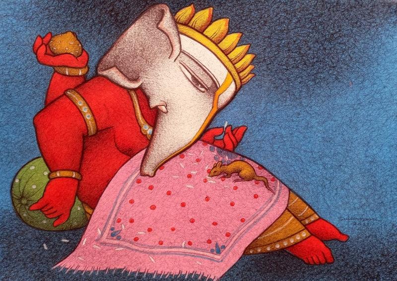 Religious mixed media painting titled 'Lord Ganesha', 8x12 inches, by artist Mohammed Suleman on Canson Paper