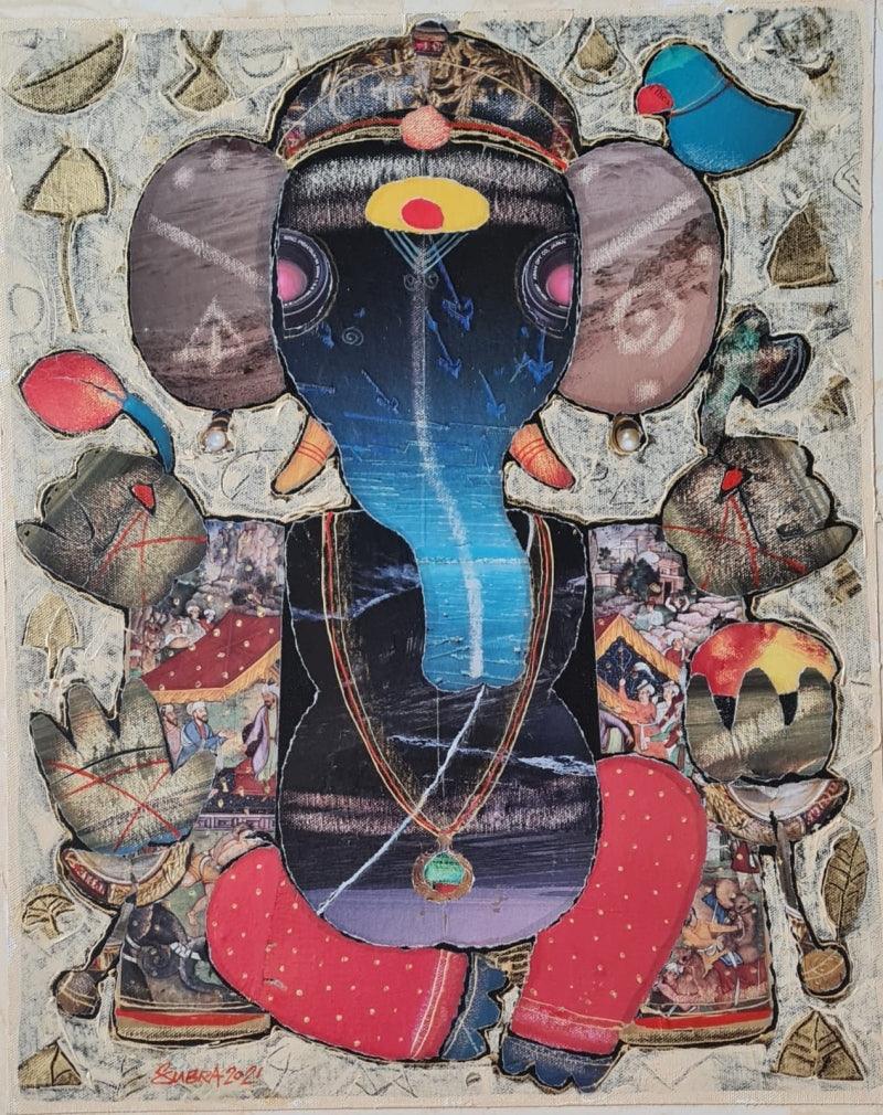 Religious mixed media painting titled 'Lord Ganesha', 21x17 inches, by artist G Subramanian on Canvas