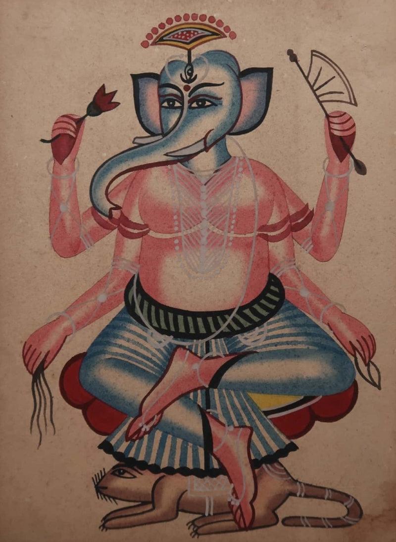 Religious mixed media painting titled 'Lord Ganesha', 11x8 inches, by artist Kalighat Painting on Paper