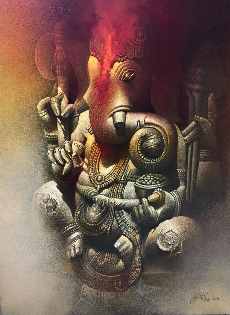 Religious acrylic oil painting titled 'Lord Ganesha', 40x30 inches, by artist Amit Bhar on Canvas