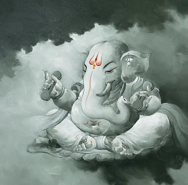 Religious oil painting titled 'Lord Ganesha', 34x34 inches, by artist Namdev M Patil on Canvas
