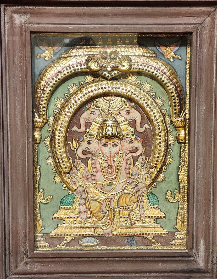 Religious tanjore traditional art titled 'Lord Ganesha', 28x21 inches, by artist Unknown on Wood