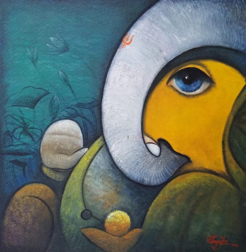 Religious acrylic painting titled 'Lord Ganesha', 24x24 inches, by artist Ram Onkar on Canvas