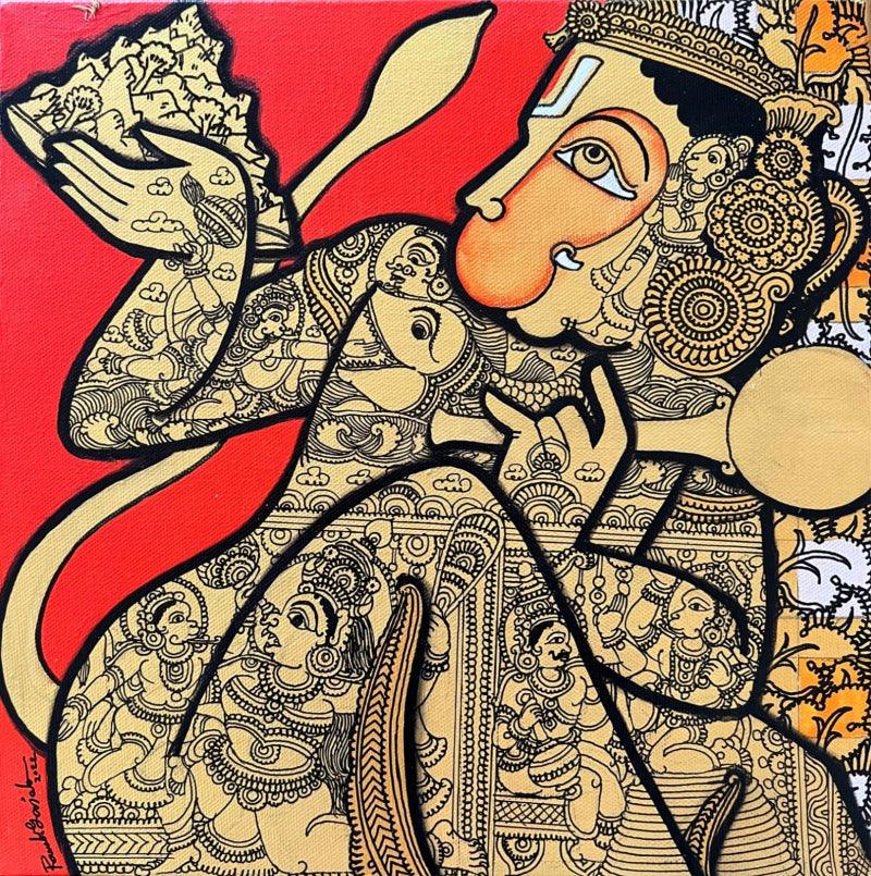 Religious acrylic painting titled 'Lord Hanuman', 12x12 inches, by artist Ramesh Gorjala on Canvas